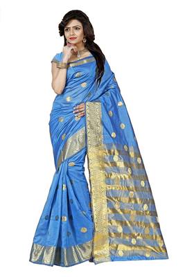 Turquoise woven cotton saree with blouse 1