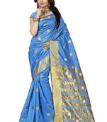 Turquoise woven cotton saree with blouse