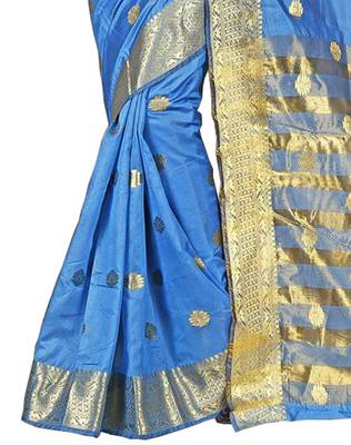 Turquoise woven cotton saree with blouse 3