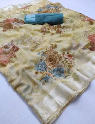 Ligth Green Linen Floral Printed Blouse Saree With Blouse Piece. 4