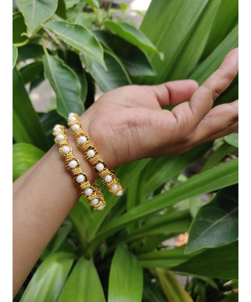 White Pearl Gold Plated Bangles Set Of 2