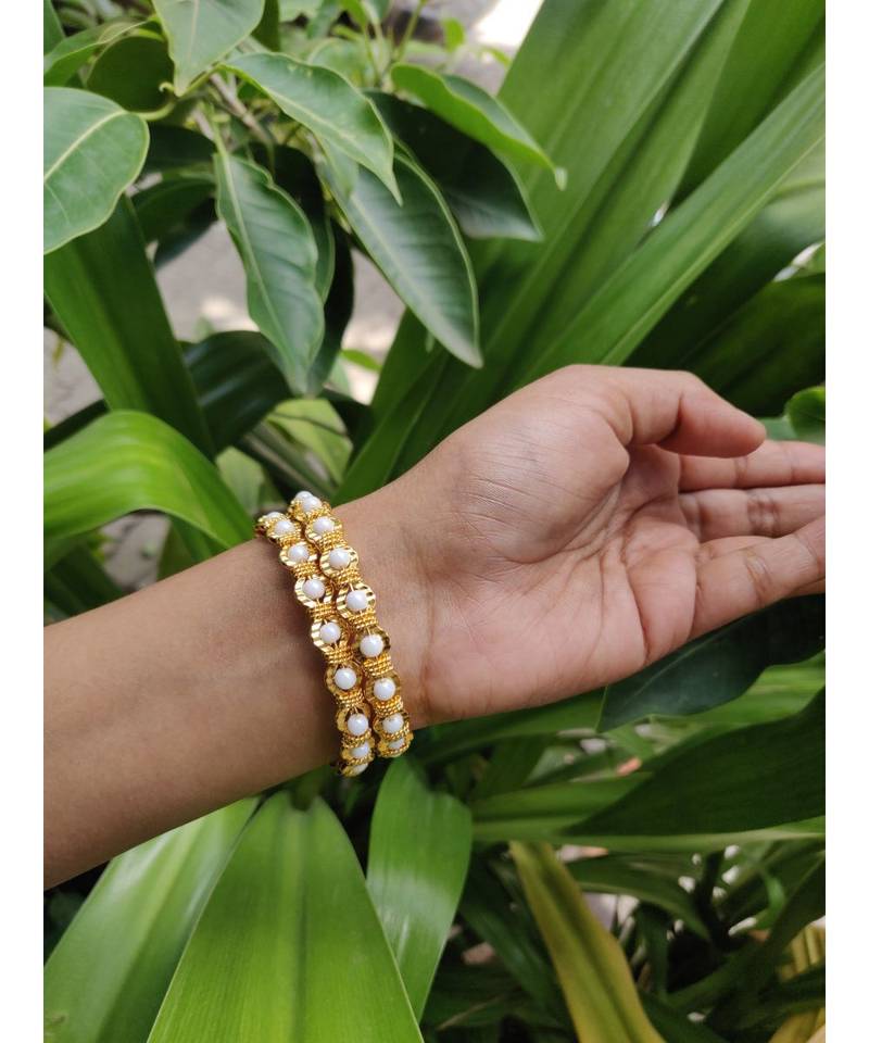 White Pearl Gold Plated Bangles Set Of 2