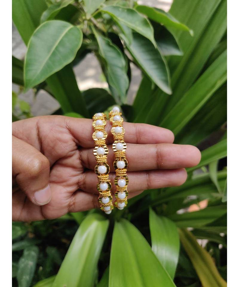 White Pearl Gold Plated Bangles Set Of 2
