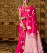 Pink woven silk blend saree with blouse