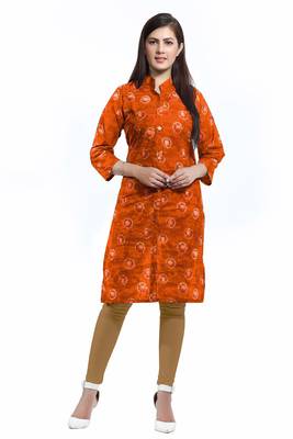 Orange printed cotton ethnic-kurtis 1