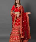 Red embroidered art silk unstitched lehenga
