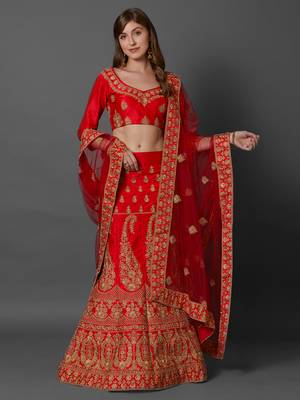 Red embroidered art silk unstitched lehenga 1