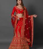 Red embroidered art silk unstitched lehenga