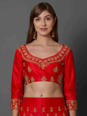 Red embroidered art silk unstitched lehenga 2