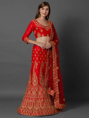 Red embroidered art silk unstitched lehenga 3