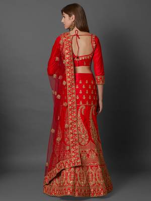 Red embroidered art silk unstitched lehenga 4