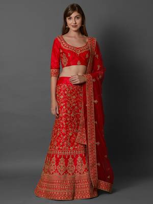 Red embroidered art silk unstitched lehenga 1