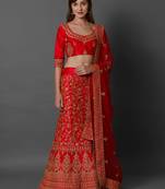 Red embroidered art silk unstitched lehenga