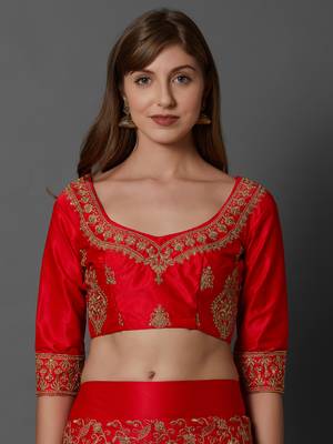 Red embroidered art silk unstitched lehenga 2