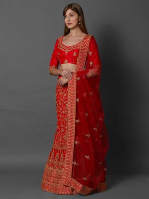 Red embroidered art silk unstitched lehenga 3