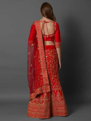 Red embroidered art silk unstitched lehenga 4