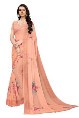Peach printed chiffon saree with blouse 2