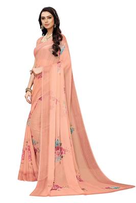 Peach printed chiffon saree with blouse 3