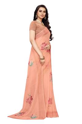Peach printed chiffon saree with blouse 4