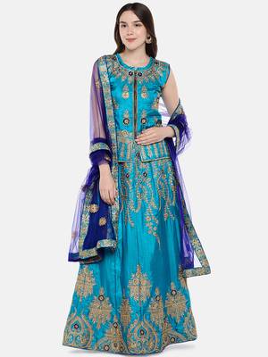 Sea-Green Embroidered Net Semi Stitched Lehenga 1