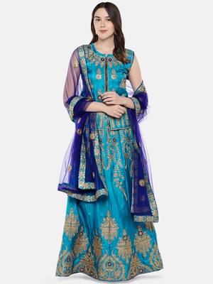 Sea-Green Embroidered Net Semi Stitched Lehenga 2