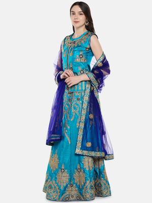 Sea-Green Embroidered Net Semi Stitched Lehenga 3