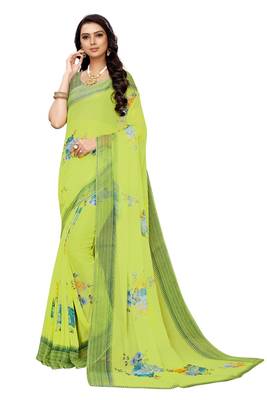 Green printed chiffon saree with blouse 1