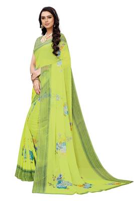 Green printed chiffon saree with blouse 2