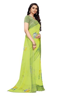 Green printed chiffon saree with blouse 3
