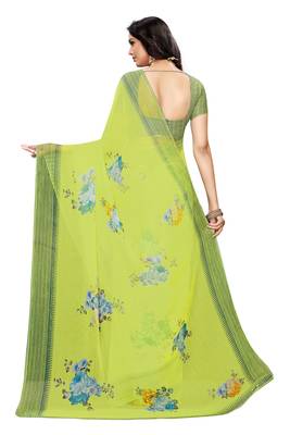 Green printed chiffon saree with blouse 4