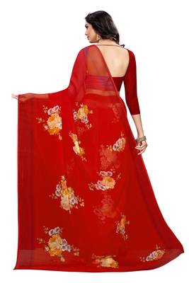 Red printed chiffon saree with blouse 1