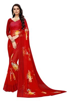 Red printed chiffon saree with blouse 2
