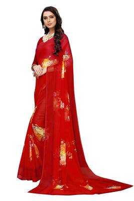 Red printed chiffon saree with blouse 3