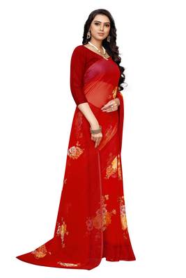 Red printed chiffon saree with blouse 4