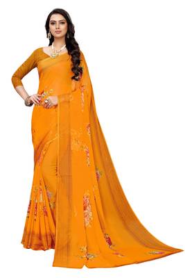 Orange printed chiffon saree with blouse 1