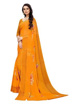 Orange printed chiffon saree with blouse 2