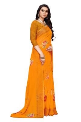 Orange printed chiffon saree with blouse 3