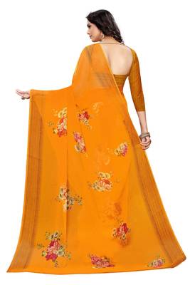 Orange printed chiffon saree with blouse 4