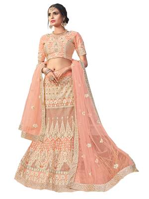 Peach Embroidered Net Semi Stitched Lehenga 1