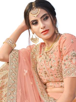 Peach Embroidered Net Semi Stitched Lehenga 2