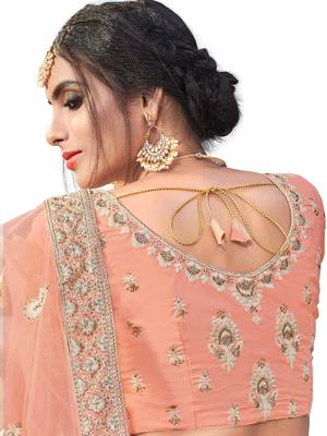 Peach Embroidered Net Semi Stitched Lehenga 3