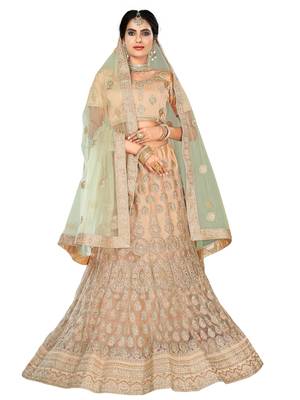 Peach Embroidered Net Semi Stitched Lehenga 1