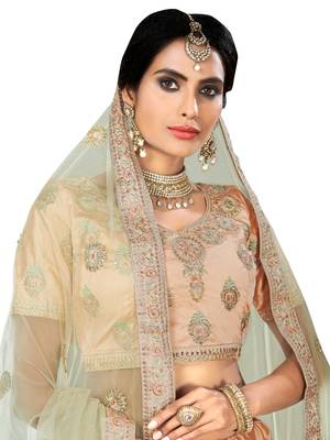 Peach Embroidered Net Semi Stitched Lehenga 2
