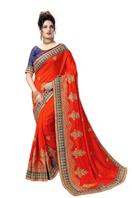 red embroidered art silk saree with blouse 1