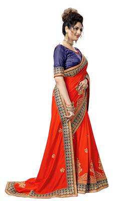 red embroidered art silk saree with blouse 4