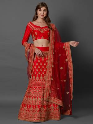 Red embroidered art silk unstitched lehenga 1