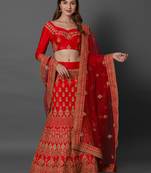 Red embroidered art silk unstitched lehenga