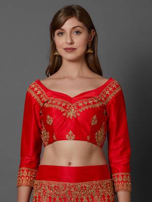 Red embroidered art silk unstitched lehenga 2