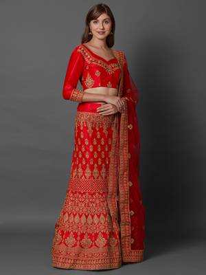 Red embroidered art silk unstitched lehenga 3