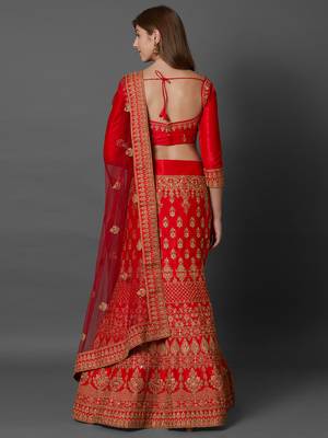 Red embroidered art silk unstitched lehenga 4